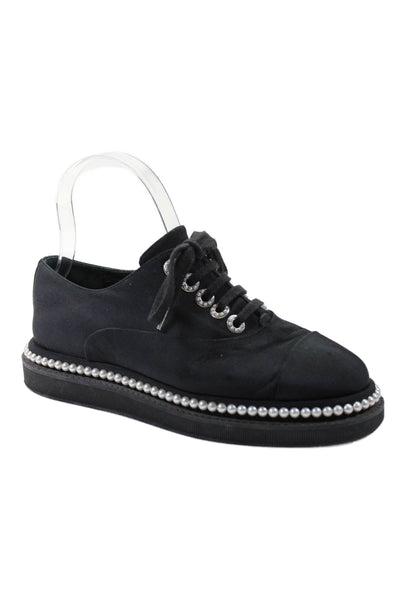 Chanel Womens Lace Up CC Back Cap Toe Faux Pearl Grosgrain Sneakers Black 36