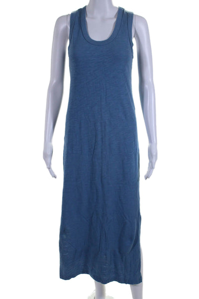 Leallo Women Cotton Scoop Neck Double Slit Sleeveless Tshirt Dress Blue Size XS