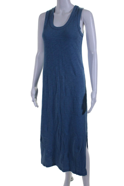 Leallo Women Cotton Scoop Neck Double Slit Sleeveless Tshirt Dress Blue Size XS