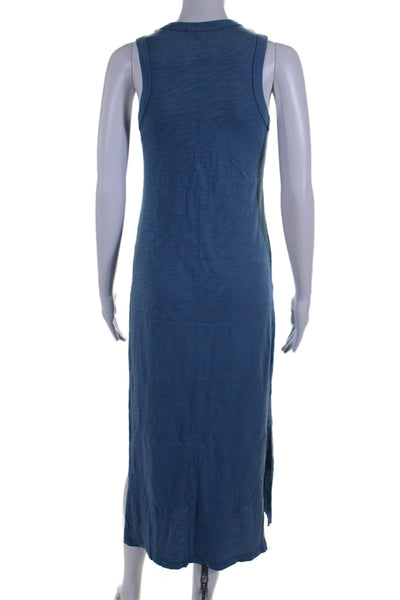 Leallo Women Cotton Scoop Neck Double Slit Sleeveless Tshirt Dress Blue Size XS