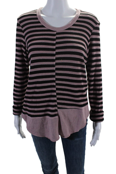 Wilt Women's Round Neck Long Sleeves Ribbed Blouse Pink Striped Size M