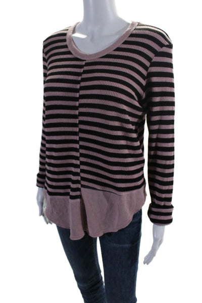 Wilt Women's Round Neck Long Sleeves Ribbed Blouse Pink Striped Size M