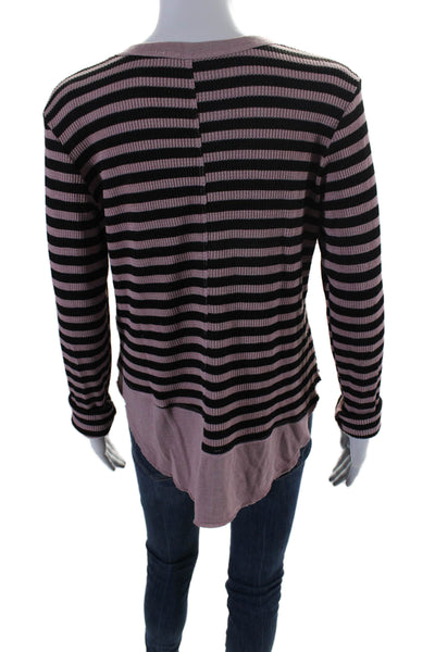 Wilt Women's Round Neck Long Sleeves Ribbed Blouse Pink Striped Size M