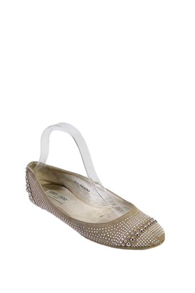 Jimmy Choo Women's Round Toe Studs Embellish Ballet Flats Shoes Beige Size 7.5