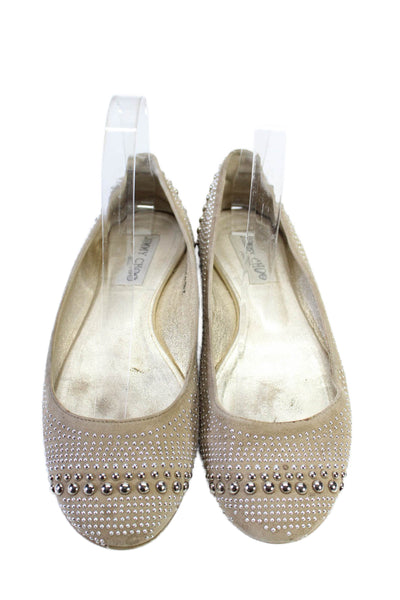 Jimmy Choo Women's Round Toe Studs Embellish Ballet Flats Shoes Beige Size 7.5