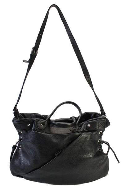 H By Halston Womens Zip Closure Textured Leather Top Handle Handbag Black Size M