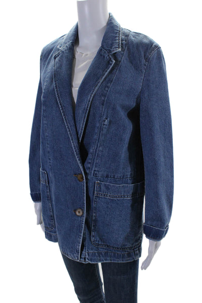 MNG Womens Button Front Notched Lapel Denim Blazer Jacket Blue Size Extra Small