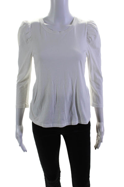 A.L.C. Womens Cotton Ruched Puff Long Sleeve Round Neck Top White Size XS