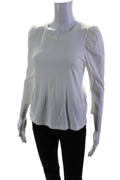 A.L.C. Womens Cotton Ruched Puff Long Sleeve Round Neck Top White Size XS