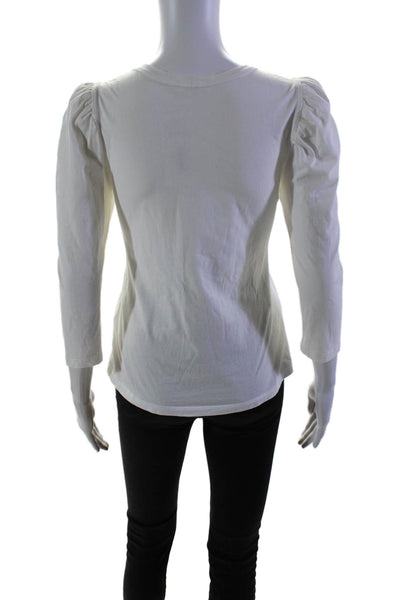 A.L.C. Womens Cotton Ruched Puff Long Sleeve Round Neck Top White Size XS