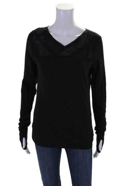 Designer Womens V Neck Long Sleeve Athletic Top Black Size Medium