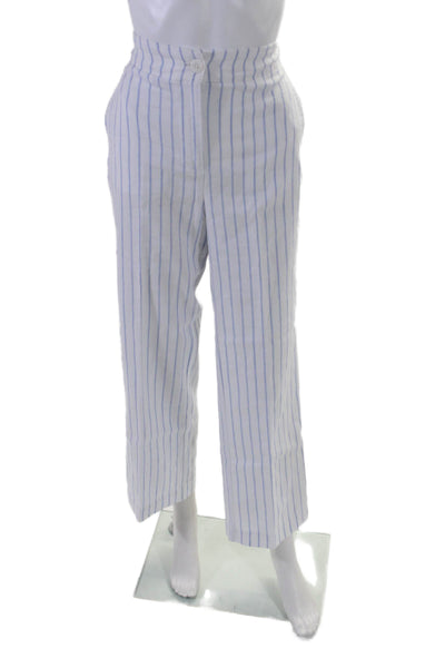 Faherty Womens Linen Striped Wide Leg High Rise Pants White Blue Size Small