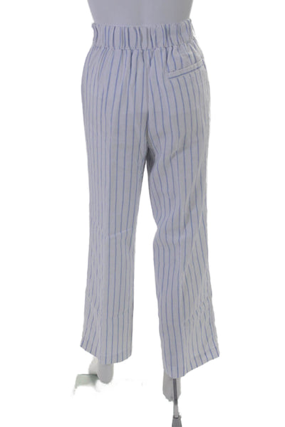 Faherty Womens Linen Striped Wide Leg High Rise Pants White Blue Size Small