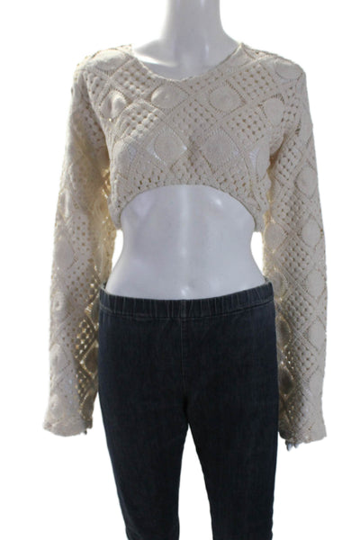 Andrea Iyamah Women's Long Sleeves Lace Up Crochet Cropped Top Beige Size L