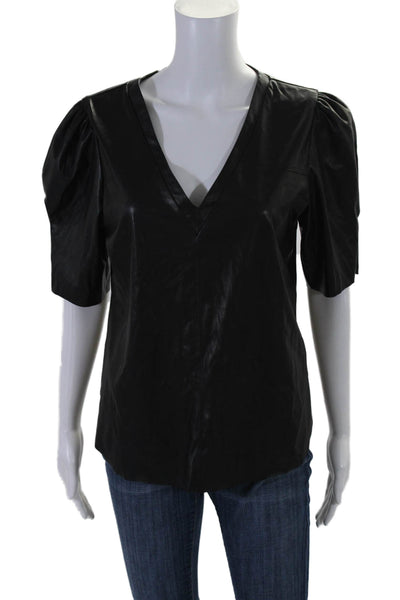 Lavender Brown Women's V-Neck Short Sleeves Faux Leather Blouse Black Size M