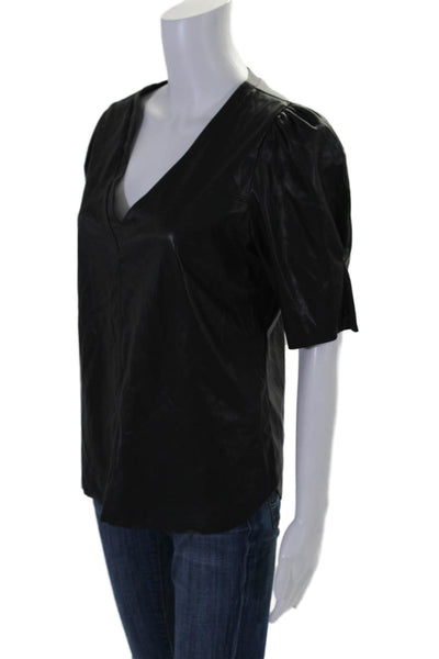 Lavender Brown Women's V-Neck Short Sleeves Faux Leather Blouse Black Size M