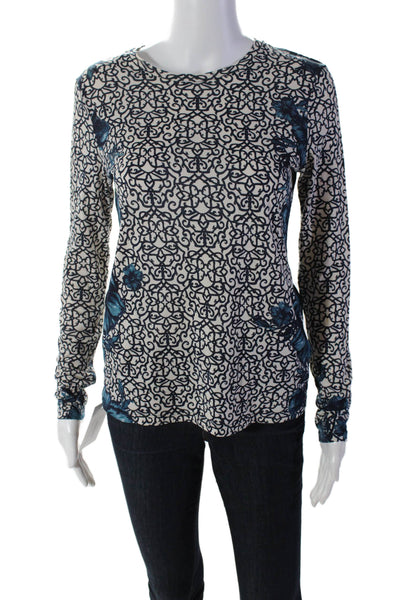 Tory Burch Womens Cotton Floral Round Neck Long Sleeve T-Shirt Top Beige Size XS