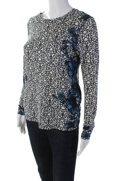 Tory Burch Womens Cotton Floral Round Neck Long Sleeve T-Shirt Top Beige Size XS