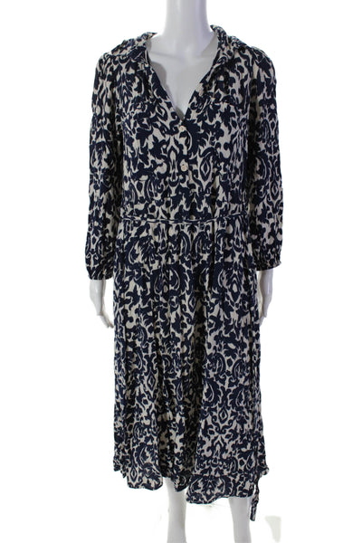 Zara Womens Printed Button Down Belted A Line Dress White Navy Blue Size Large