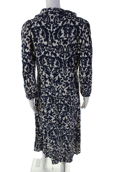 Zara Womens Printed Button Down Belted A Line Dress White Navy Blue Size Large