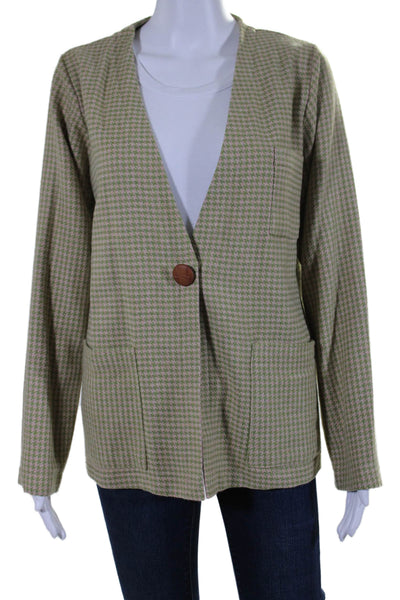 Muze Womens Houndstooth 2 Pocket V-Neck Button Up Cardigan Sweater Green Size S