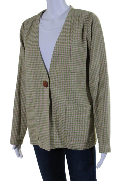 Muze Womens Houndstooth 2 Pocket V-Neck Button Up Cardigan Sweater Green Size S