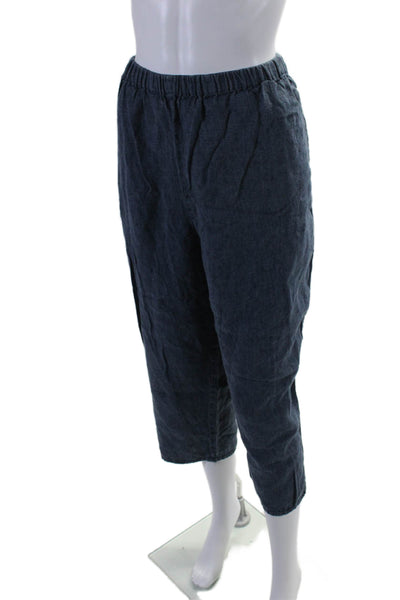 Flax Womens Linen Dark Blue High Waisted Pull On Wide Leg Crop Pants Size L