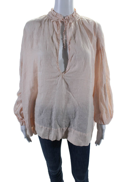 CP Shades Womens Linen Light Pink V-Neck Long Sleeve Blouse Top Size S