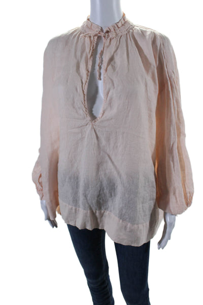 CP Shades Womens Linen Light Pink V-Neck Long Sleeve Blouse Top Size S