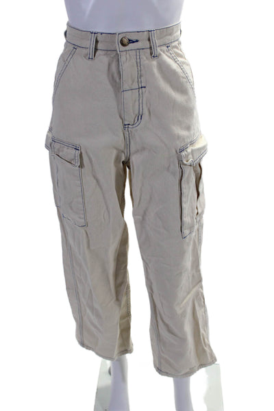 Thrills Womens Cotton High Rise Contrast Stitch Cargo Pants Beige Size 2