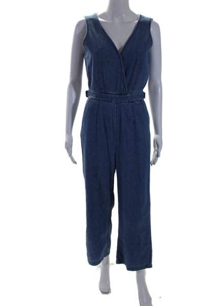 Point Sur Womens Blue Chambray V-Neck Straight Leg Cotton Jumpsuit Size 00