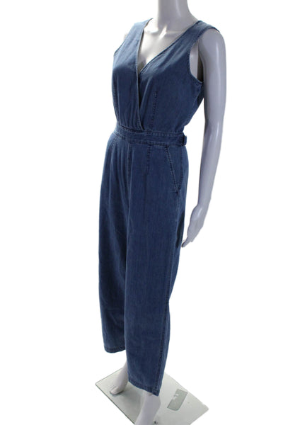 Point Sur Womens Blue Chambray V-Neck Straight Leg Cotton Jumpsuit Size 00