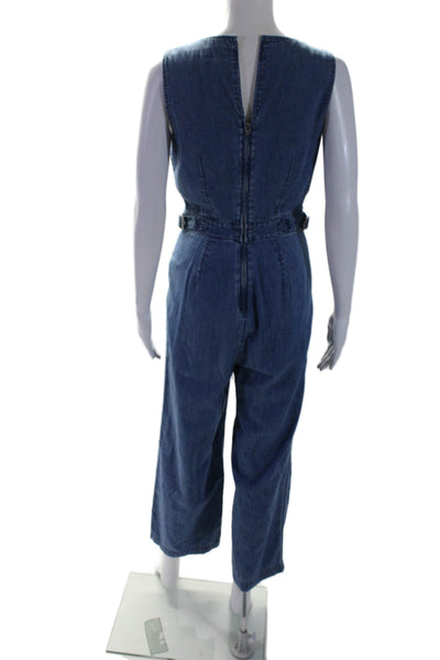 Point Sur Womens Blue Chambray V-Neck Straight Leg Cotton Jumpsuit Size 00