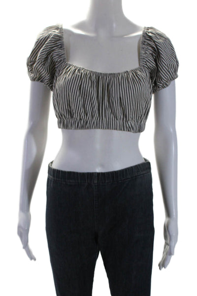 Nicole Miller Collection Womens Cotton Striped Puff Sleeve Crop Top Gray Size S