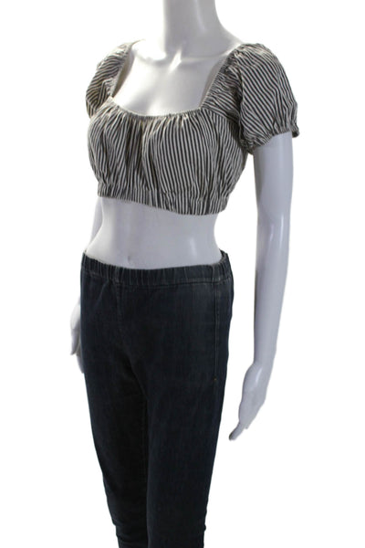 Nicole Miller Collection Womens Cotton Striped Puff Sleeve Crop Top Gray Size S