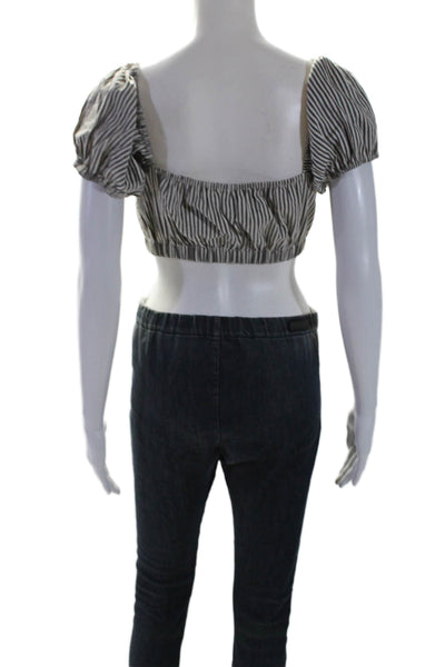 Nicole Miller Collection Womens Cotton Striped Puff Sleeve Crop Top Gray Size S