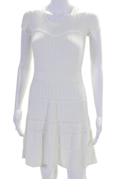 BCBGMAXAZRIA  Womens Short Sleeve Herringbone Knit A Line Dress White Size S