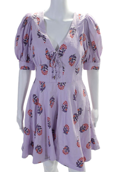 House of Harlow 1960 Womens Floral Puff Sleeve V Neck A Line Dress Purple Size 4