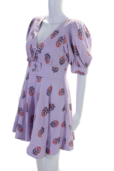 House of Harlow 1960 Womens Floral Puff Sleeve V Neck A Line Dress Purple Size 4