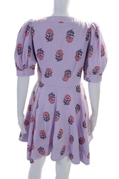 House of Harlow 1960 Womens Floral Puff Sleeve V Neck A Line Dress Purple Size 4