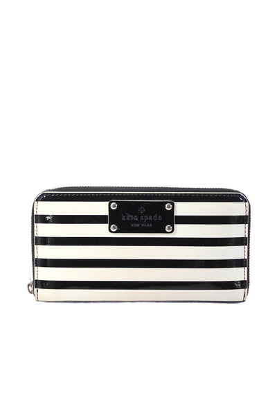 Kate Spade New York Womens Striped Patent Leather Zipper Wallet White Black