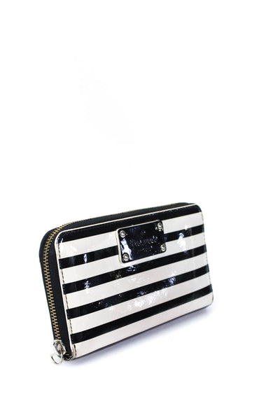 Kate Spade New York Womens Striped Patent Leather Zipper Wallet White Black