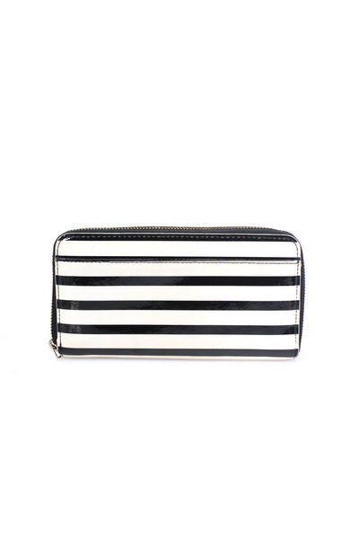 Kate Spade New York Womens Striped Patent Leather Zipper Wallet White Black