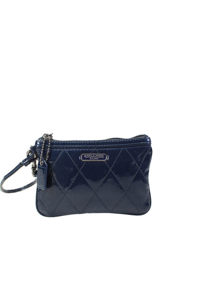 Coach Womens Patent Leather Quilted Wristlet Pouch Bag Blue