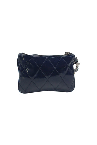 Coach Womens Patent Leather Quilted Wristlet Pouch Bag Blue