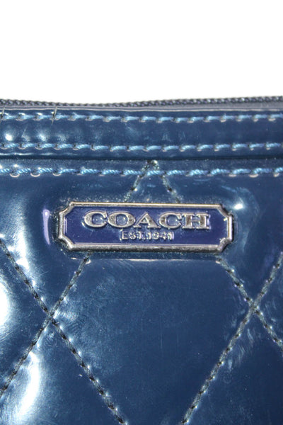 Coach Womens Patent Leather Quilted Wristlet Pouch Bag Blue