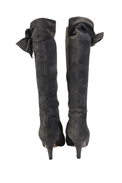 Valentino Garavani Womens Block Heel Side Bow Knee High Boots Gray Suede Size 39