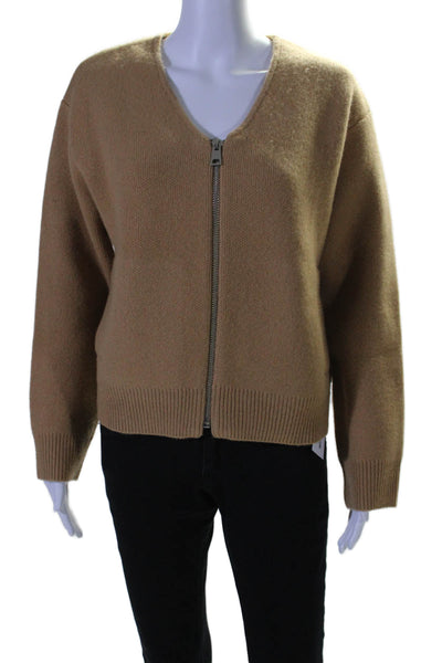 Zara Womens Full Zipper Long Sleeves Cardigan Sweater Camel Brown Wool Size Smal