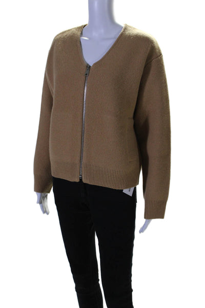 Zara Womens Full Zipper Long Sleeves Cardigan Sweater Camel Brown Wool Size Smal