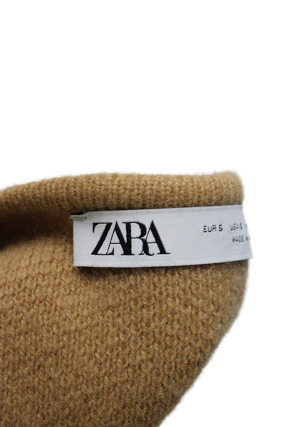 Zara Womens Full Zipper Long Sleeves Cardigan Sweater Camel Brown Wool Size Smal